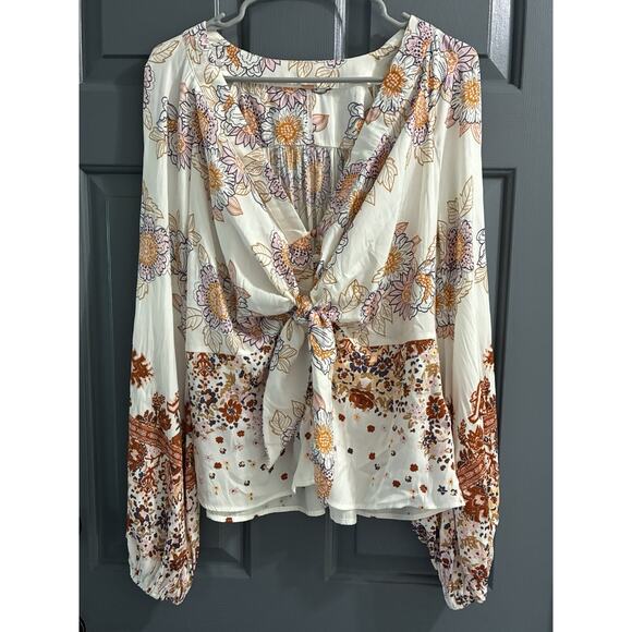 Free People "Run Free Blouse"-Floral Long Sleeve Size Large - Picture 2 of 8
